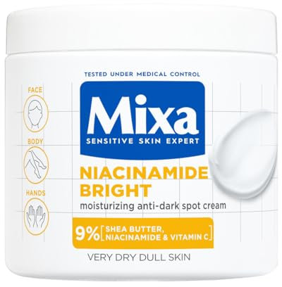 Mixa Crema Idratante Anti-Macchie, Per Pelle Secca e Spenta, Pelle Idratata per 48H, Incarnato Luminoso e Uniforme, Con il 9% di Niacinamide, Vitamina C e Burro di Karité, Niacinamide Bright, 400 ml