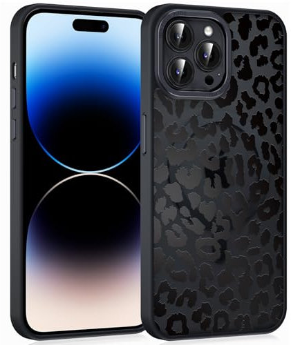 Coiwxmoi Magnetische Handyhülle für iPhone 14 Pro Max 6,7 Hülle, Kompatibel mit MagSafe, Aesthetic Leopard Muster Transluzente Mädchen Case, Matte PC Dünn TPU Bumper Stoßfest Schutzhülle - Schwarz 02