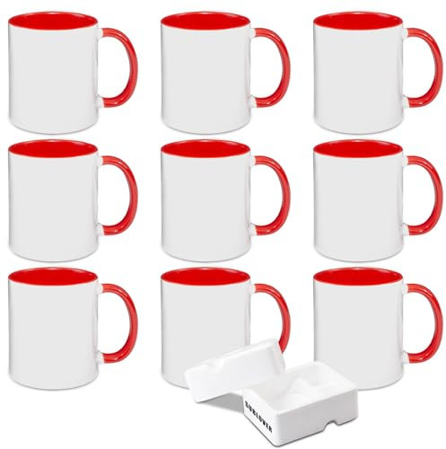 SUBLOVER 11 oz Ensemble de 9 Blanc tasses à sublimation, Céramique Personnalisé Mugs et Tasses à café pour Cadeau Collègue Idée Cadeau Original(Rouge)