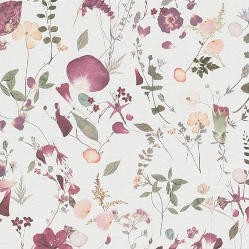 Papier peint floral Profhome 397461-GU papier peint intissé gaufré à chaud légèrement texturé avec des ornements floraux mat blanc violet rose vert 5,33 m2