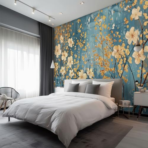 Fototapete Vlies Tapete Vintage Design mit Blumenmuster Fototapeten Vliestapete Tapeten Moderne Wandtapete, Wohnzimmer, Flur, TV Hintergrund Wandtapete Poster Bilder Wand Deko, 400 x 280cm (B×H), Blau