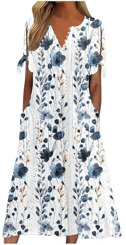 Dresses for Women UK, Holiday Essentials Ladies Summer Boho Dresses Short Sleeve Casual Beach Midi Sundress V Neck Hollow Out Eyelet Ruffle Swing A Line Flowy Vacation Dress