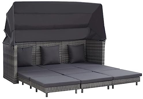 Ausziehbares 3-Sitzer-Outdoor-Sofa mit Baldachin, graues Polyrattan-Garten-Lounge-Möbel für Terrasse, Balkon und Hof, stilvolles Outdoor-Sitz-Set