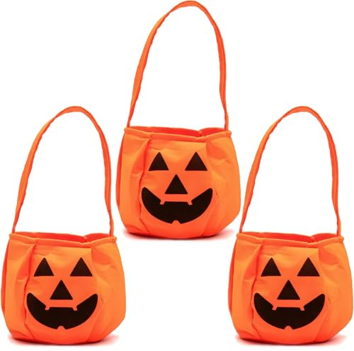 KUMSODE 3 Stücke Halloween Kürbis Candy Bag, Halloween Süßigkeiten Tasche Kinder Betteltaschen Beutel Süßigkeit,Kürbis Sammeltasche mit Halloween Slap Armbänder,Trick or Treat Taschen für Halloween