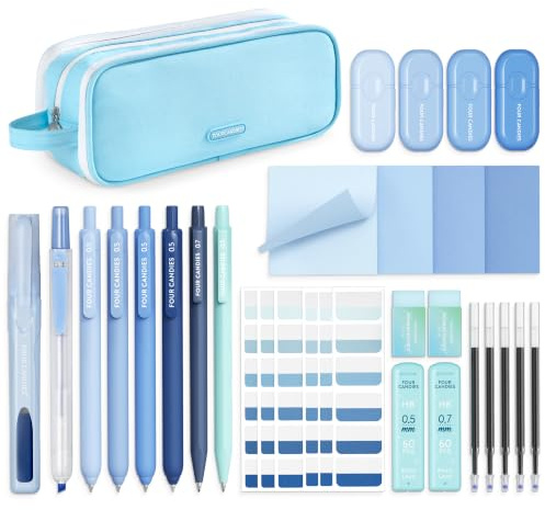 Four Candies Blau Schulmaterialien mit Mäppchen, Schwarzer Tinte Gelstifte | Korrekturbänder, Pastellfarbene Textmarker, Druckbleistifte, Haftnotizen, Index-Register für Bibelstudien-Schreibwaren