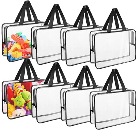 Punklong 8 Pack Clear Toy Storage Bags with Handles and Name Tag,Toy Bag with zip bags for toys,11.8x8.6x3.9 inch for Storage Board Game, Building Blocks, Puzzles
