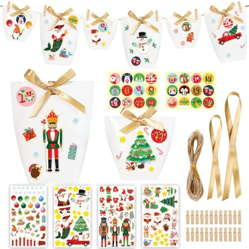 Weihnachts-Adventskalender-Tüten, 24 Tage Countdown Jutebeutel zum Aufhängen, Adventskalender, Geschenkgeschenke für Weihnachtsdekorationen (Weiß)