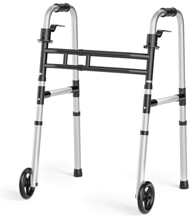 Loyoda Folding Walking Frame with Wheels for Elderly, Lightweight Aluminium Zimmer Frame with 5 Front Wheels, Adjustable Height & Width, Foldable Walker for Seniors and Disabled Adults, Silver