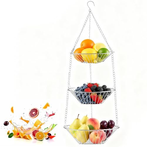 Zyiphor Obstkorb Hängend 3 Etagen - Verstellbarer Metall Hängekorb, Küchen Obst Hängekorb, Obst Gemüse Korb zum Hängen, Platzsparend & Multifunktional für Obst & Gemüse (74x28 cm/Silber)