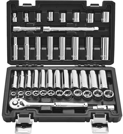 VEVOR Socket Set, 44 Pieces, 9.5 mm Drive Socket and Ratchet Set, SAE and Metric, Deep and Shallow, Mechanic Tool Kit with Accessories and Storage Case, CR-V Alloy Steel, for Automotive Repair
