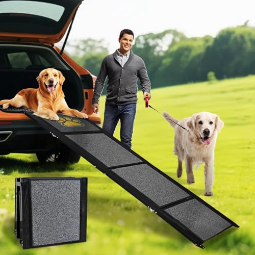 Hunderampe Auto Klappbar 170 x 44 cm Grau, mit Rutschfester Teppichoberfläche, bis 70 kg, Leicht Aluminium Haustierrampe für Autos, LKWs, SUV und Outdoor Treppen