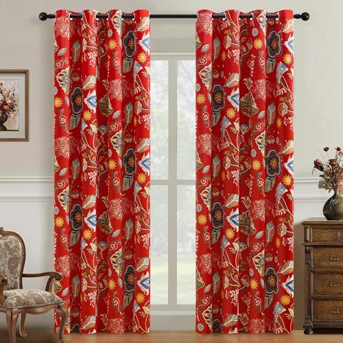 XiDi Rot Verdunkelungsvorhänge fürs Schlafzimmer 214cm Länge Pflanzenprint Boho Vintage mit Thermo-Isolierung 2er Set
