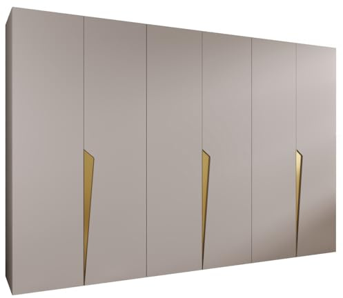 MEBLE KRYSPOL - Kleiderschrank - Garderobenschrank - 300 cm x 202 x 52 cm - Schrank mit Kleiderstange, 6 Türen - für Schlafzimmer, Flur - Piano, Kaschmir, Griff Gold