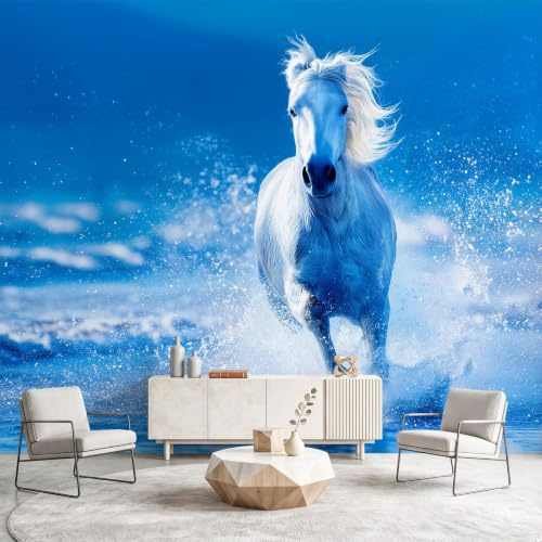 Fotomural Panorámico Caballo con agua Azul, Papel Pintado de Pared para Decoración Interior, Mural Decorativo para Hogar Casa y Dormitorio, 200 x 140 cm