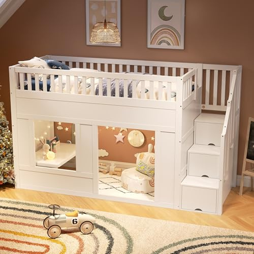 KIKZREN Etagenbett 90x200 cm, Kinderbett Hochbett mit Stauraum Treppe und Fenster, Kieferholz Funktionsbett Einzelbett Stockbett Spielbett mit Umbaubarer Spielraum Darunter, Ohne Matratze, Weiß