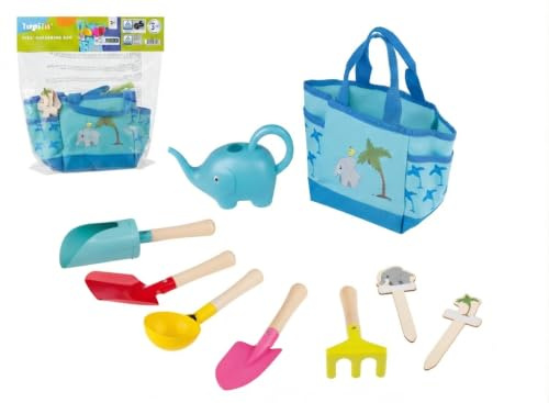 Lupilu Kinder Gärtnertasche 9-teilig – Gartenspielzeug Set für Kinder ab 3 Jahren mit Gießkanne im Tierdesign, Gartengeräten (Harke, Schaufel) & Pflanzensteckern, Strandspielzeug & Sandspielzeug