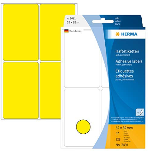 HERMA 2491 Vielzweck-Etiketten, 128 Stück, 52 x 82 mm, 4 pro Bogen, selbstklebend, Haushaltsetiketten zum Beschriften, matt, blanko Papier Klebeetiketten Aufkleber, gelb