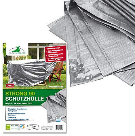 Rainexo Schutzhülle Hochreißfest für 1 Tisch oval, 2.40 x 1.80 x 0.90 m, silber / grau