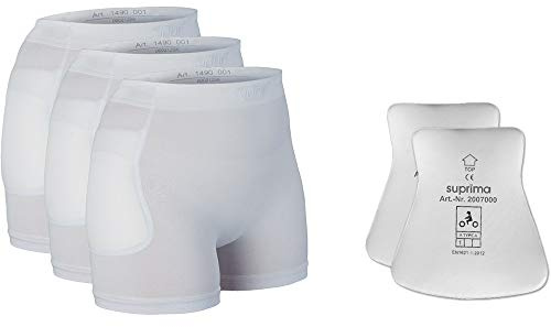 SUPRIMA Hüftprotektoren Hose Set – Protektorenhose mit 3 Slips und 1 Paar Hüftprotektoren für Senioren – komfortabler Hüftschutz in Weiß – Größe XL