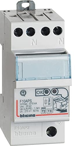 Bticino F10AP2 Serie BTDIN Limitatore Sovratensione SPD Autoprotetto, 2 Poli, in 10Ka, 250 V, Grigio