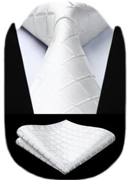 HISDERN Herren Krawatte Weiß Formelle Klassische Karierte Krawatten mit Einstecktuch Hochzeit Herrenkrawatte und Taschentuch Set für Männer
