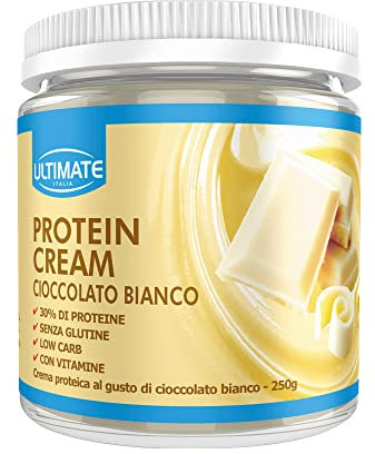 Ultimate Italia - Crema proteica al 30% spalmabile, senza zuccheri - 250g - gusto cioccolato bianco - poche calorie, senza glutine, con vitamine