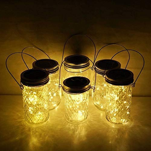 Miaro 6 Pack Mason Jar Lights, 20 LED Solar Warm White Fairy String Lights Lids Insert for Garden Deck Patio Party Wedding Christmas Decorative Lighting Fit for Regular Mouth Jars with Hangers