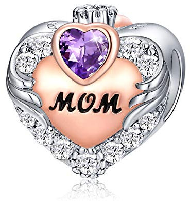 FOREVER QUEEN Februar Geburtsstein Mutter Charm Bead für Armband 925 Sterling Silber Liebe Herz Mum Charms Anhängerfür Armband, Beste Geburtstagsgeschenk für Mama mit Schmuckschatulle