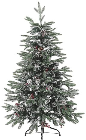 Árbol de Navidad Verde PVC Base de Metal 120 cm Efecto Nieve con piñas Bayas de Acebo Tradicional