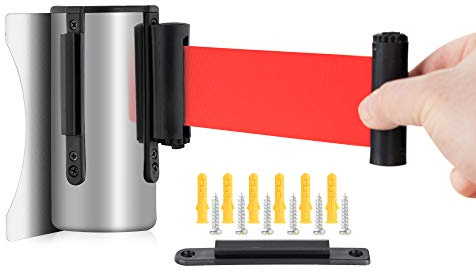 Stagecaptain PLSW-300 SR Personenleitsystem Gurtkassette Silber - Ausziehbares Absperrband für die Wandmontage - Roter Gurt mit 3m Länge - Für Ausstellungen, Hotels, Kinos u.v.m.