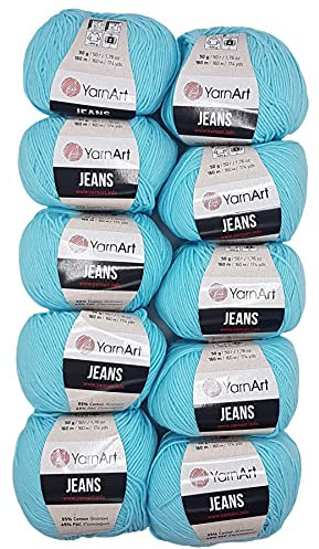 10 x 50g Strickwolle YarnArt Jeans einfarbig mit 55% Baumwolle, 500 Gramm Wolle uni (türkis 76)