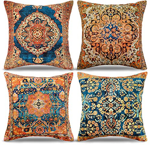 Teppich Muster Kissenbezüge Vintage Blau Kissen 45x45Cm 4er Set Stammes-Abstraktes Orientalisch Kissenhüllen Dekorative Kissen Für Sofa Antiquität Böhmen Dekokissen Zierkissen