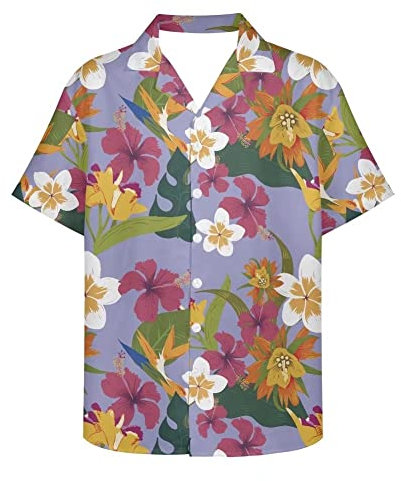 PinUp Angel Chemise hawaïenne rétro à manches courtes pour homme style hippie, Rouge Blanc Floral Violet, Taille S