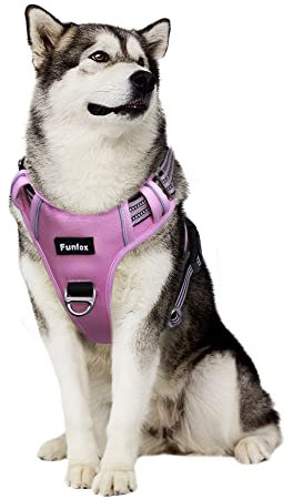 Funfox Hundegeschirr Mittelgroße Hunde [L] - Verstellbares Anti-Zug Brustgeschirr mit Griff & Reflektorstreifen, Atmungsaktives No Pull Hundegeschirr für Grosse/Kleine Hunde Outdoor Rosa