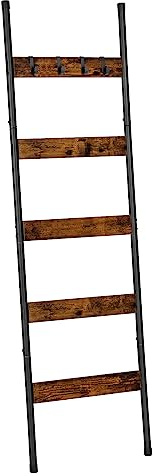 HOOBRO Blanket Ladder, 5-Tier Towel Rack with Hooks, Wall-Leaning Blanket Rack, Decorative Display Ladder Shelf, for Scarves, Industrial, Living Room, Bedroom, Rustic Brown and Black BF52CJ01