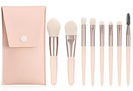 Makeup Pinselset, 8 Stück Set Mit Foundation, Lidschatten, Concealer, Eyeliner, Augenbrauen Und Kosmetikpinsel (Hellrosa + Ledertasche)