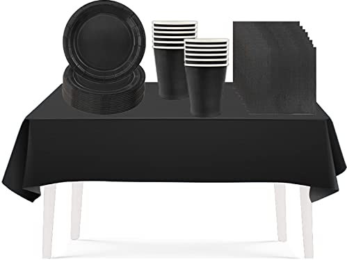 53PCS Midnight Black Party Tableware Decorations for Kids Birthday, Disposable Tableware Set with Tablecloth, 7inch Paper Plates, Paper Napkins, Cups for Xmas Birthday Wedding Party Favor