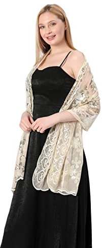 GIBZ Damen Bestickt Glitzer Schal Dünn Vintage Floral Stola Wraps mit Pailletten für Hochzeit Abendkleider, Beige