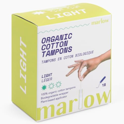 Marlow Easy Glide Tampons aus 100% Bio-Baumwolle, mit kompaktem Applikator, biologisch abbaubare Verpackung, Applikator auf pflanzlicher Basis, 18 Stück, parfümfrei, chlorfrei, giftfrei (leicht)