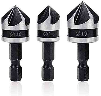 Mesee 3 Stück 90°Kegelsenker Senker Bohrer, 5 Flöte Kegelsenker Senker Entgrater Set, Sechskant Senker Bohrer, 90 Grad Zentrum Stanzwerkzeug Set für Holzbohlen Sperrholz Kunststoff Bit 12mm/16mm/19mm