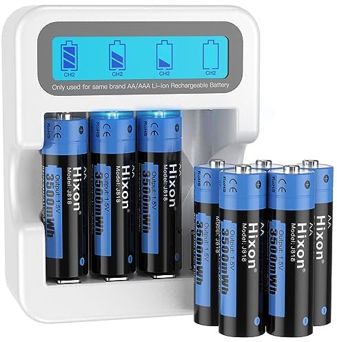 Hixon Lithium AA Batterien, Wiederaufladbare 1,5V AA Lithium Akku, 3500mWh und 1600 Lange Zyklen, 8 Stück Lithium 1,5V AA Akku mit Weißem Schnelles Aufladen LCD-Display Ladegerät
