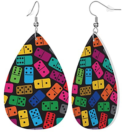 Helle bunte Dominosteine, schwarze Kunstleder-Ohrringe für Damen und Mädchen, Tropfen-Haken, baumelnder Schmuck für Kostümpartys, Urlaubsschmuck, Geschenk, Einheitsgröße, Leder Polyvinylchlorid