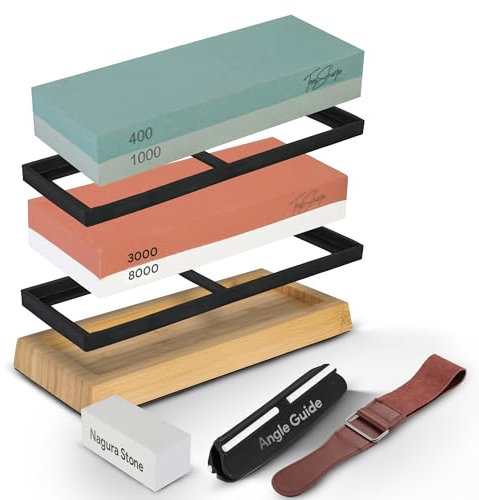 Whetstone 400/1000 & 3000/8000 Grit Knife Sharpening Stone - Dual Grit Professional Knife Sharpening Kit with Angle Guide, Bamboo Base, Nagura Stone & Leather Strop