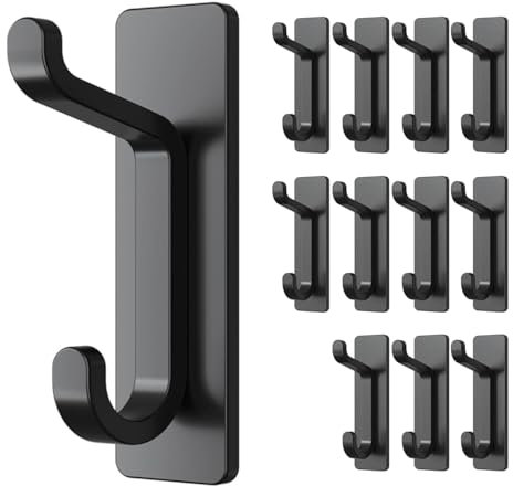 pickpiff Self Adhesive Hooks, Sticky Hooks Extra Sturdy, Hanging up to 6KG, Metal Stainless Heavy Duty Stick on Wall Door, for Towel Coat Hat Purse in Bathroom Shower Kitchen, Black, 12 Pack