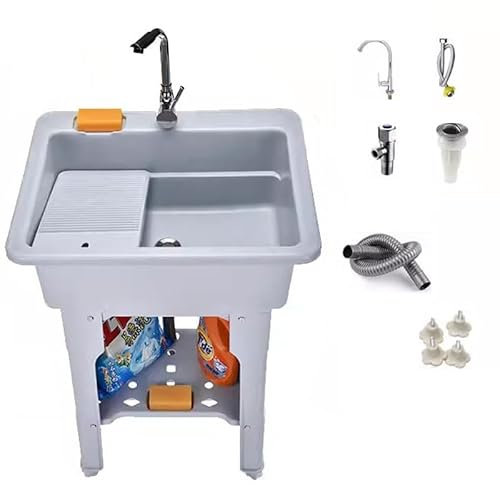 Fregadero de plástico independiente para lavandería, fregadero de plástico para uso general, con tablero de lavado y kit de grifo, para cuarto de lavado, cuarto de servicio, garaje, sótano, exterior e