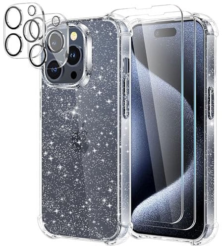 YIRSUR Glitter Case Compatible with iPhone 15 Pro Max with 2 Pack Screen Protector and 2 Pack Camera Lens Protector, Glitter Air Cushion Soft TPU Bumper Anti-Scratch Shockproof for iPhone 15 Pro Max