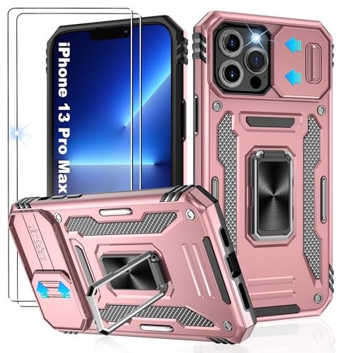 Jshru for iPhone 13 Pro Max Case with Screen Protector [2 Pack] and Slide Camera Cover,iPhone 13 Pro Max Phone Case,Ring Kickstand Phone Cover for iPhone 13 Pro Max,Rose Gold