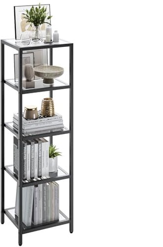 YMYNY Bücherregal, Standregale, Regal mit 5 Ablagen, Badregal, Gehärtetes Glas, Einfache Montage, für Badezimmer, Wohnzimmer, Küche, Büro, 35×30×123CM Schwarz HGD005B