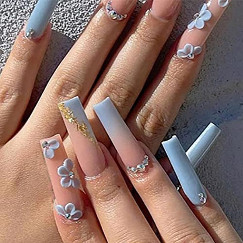 Coffin False Nails Long Fake Nails Blue Flower Press on Nails Ballerina Acrylic Stick on Nails 24pcs for Women and Girls