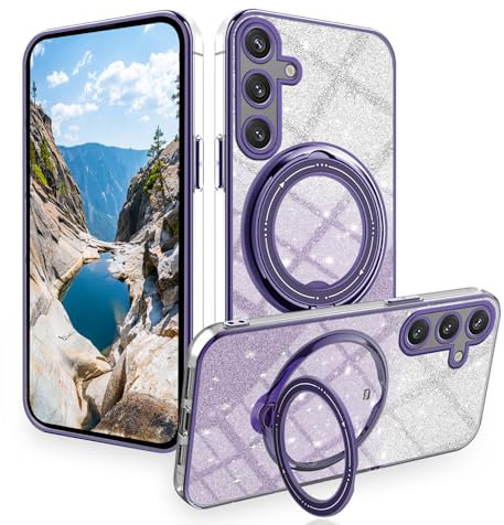 Anlalish Funda para Samsung A55 5G purpurina transparente con soporte, suave TPU funda Samsung Galaxy A55 5G silicona antigolpes purpurina protección (violeta)